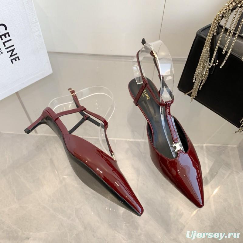 2025 Women Celine Red Patent Leather T-Strap Low Heel