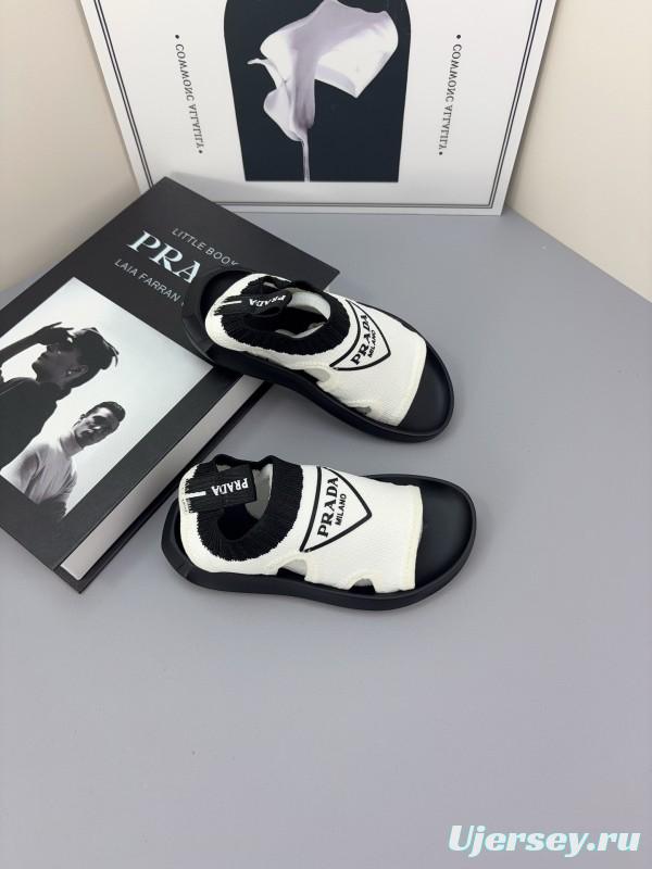 2025 Kids PRADA Black White Fabric Sandals