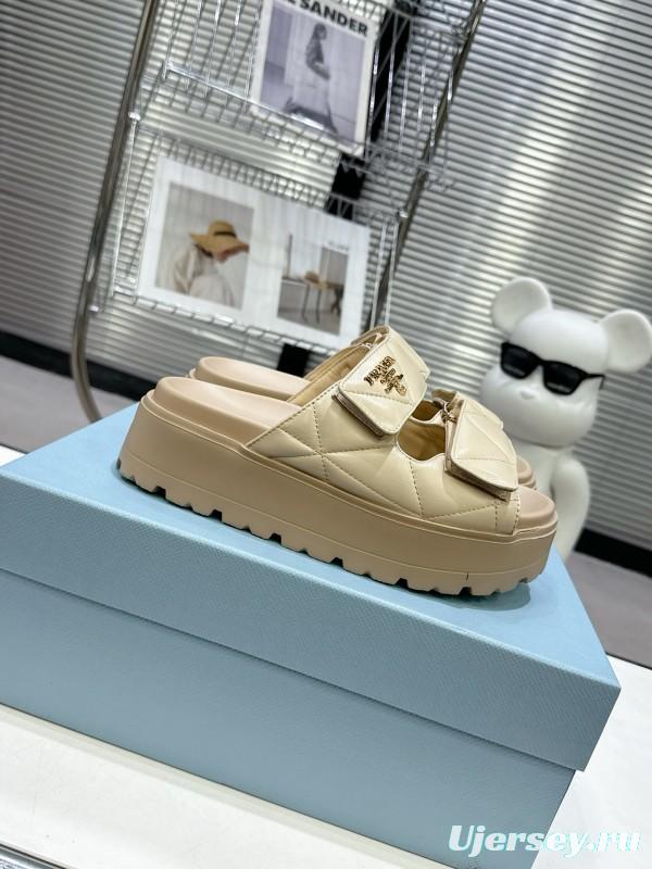 2025 Women Prada Beige Leather Slippers KFY00290