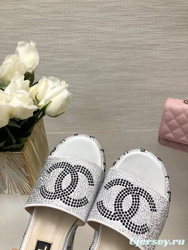 2025 Slippers Chanel White Rhinestone Platform Slide LY00330