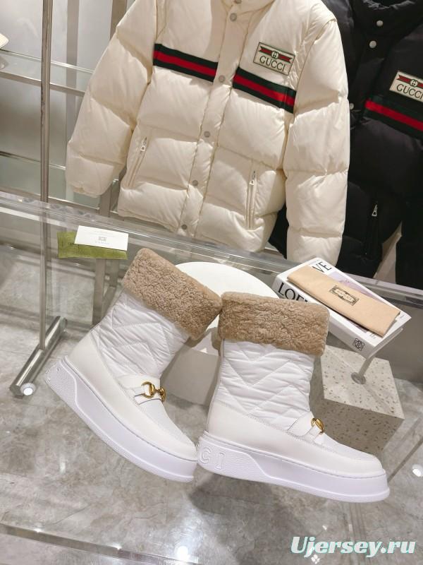 2024 Women Gucci White Sheepskin Snow Boots Gold Hardware