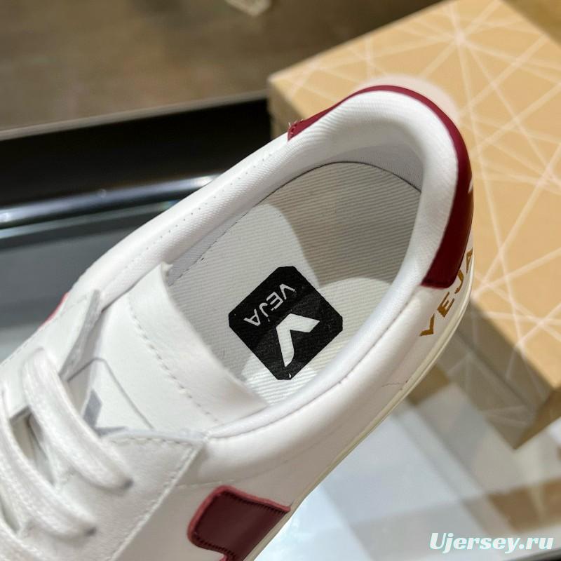 2025 Unisex VEJA White Burgundy Leather Canvas Sneakers MJ00240