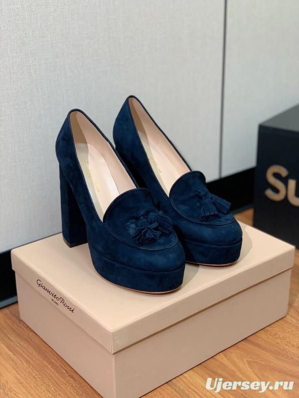2025 Women Gianvito Rossi Navy Suede Platform Loafers KFY00330
