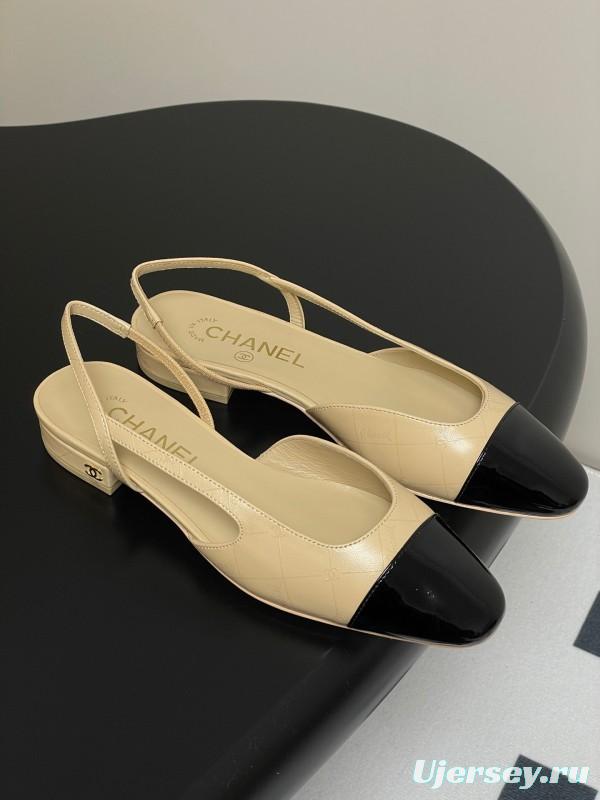 2025 Women Chanel Beige Black Leather Sling-back Flat Heel