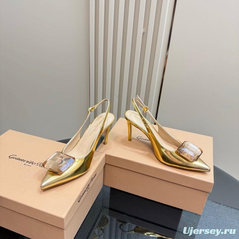 2025 Women Gianvito Rossi Gold Leather Slingback Gemstone KFY00300