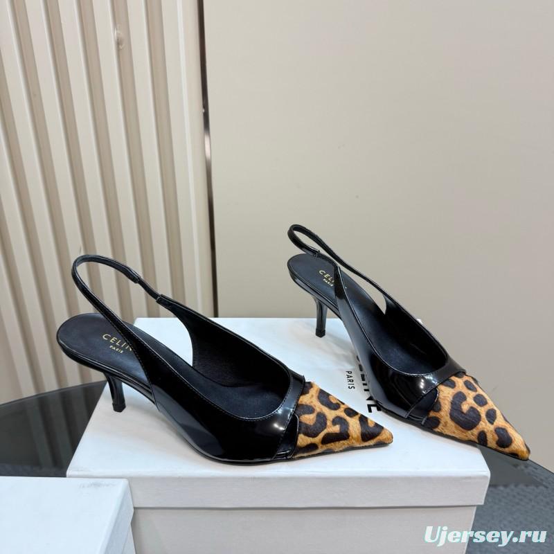 2025 Women CELINE Black Leopard Print Patent Leather Slingback Pumps