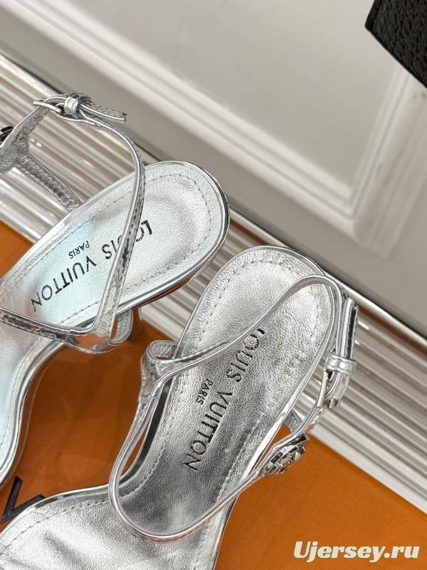 2025 Women Louis Vuitton Silver Calfskin Leather Strappy High Heel Sandals KFY00280