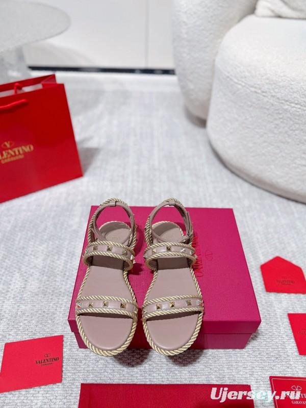 2025 Women Valentino Beige Leather Rope Espadrille Sandals LY00250