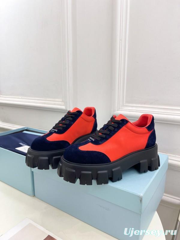 2025 Unisex Prada Red Navy Suede Silk Sneakers KFY00310(F)/KFY00330(M)