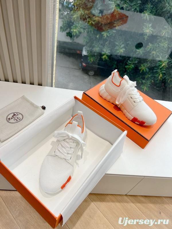2024 Unisex Hermès white orange knit leather sneakers