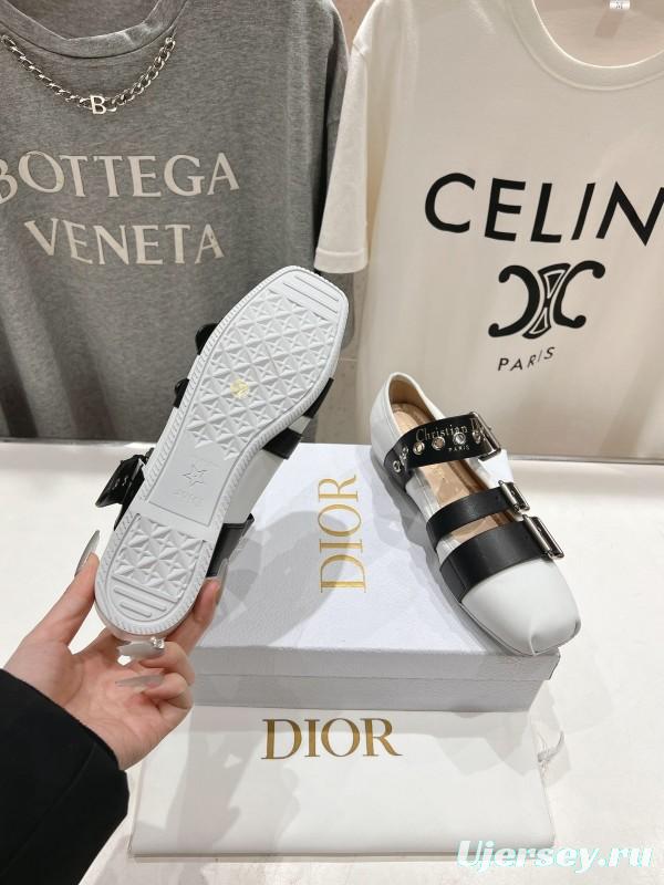 2025 Women Dior White Black Leather Mary Jane Buckle KFY00300