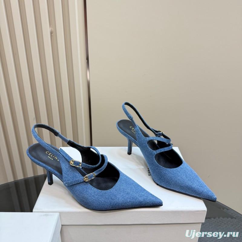2025 Women CELINE Blue Denim Leather Pointed Toe Slingback Heels KFY00290