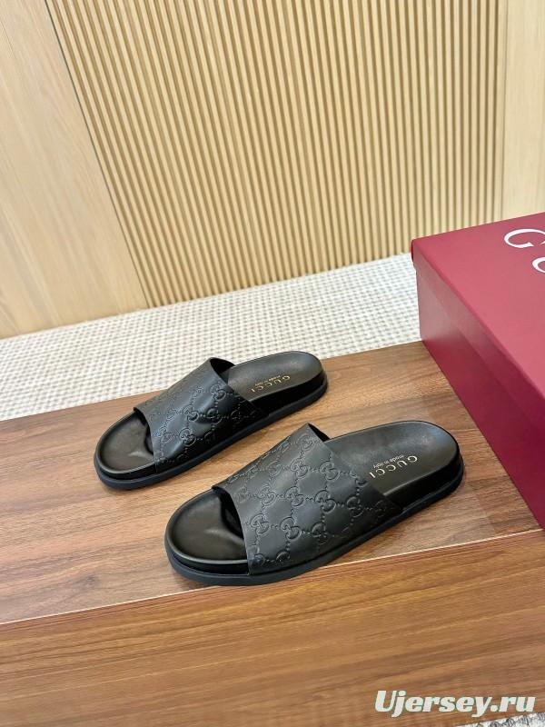 2025 Women Gucci Black Leather Slippers LY00220