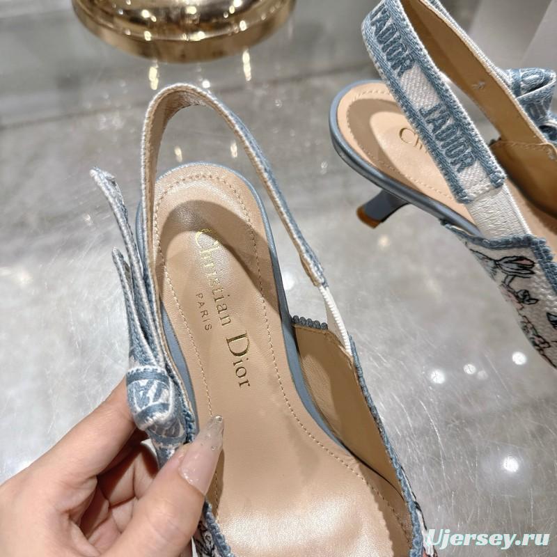 2025 Women Dior Blue Pink Embroidered Fabric Slingback Heels