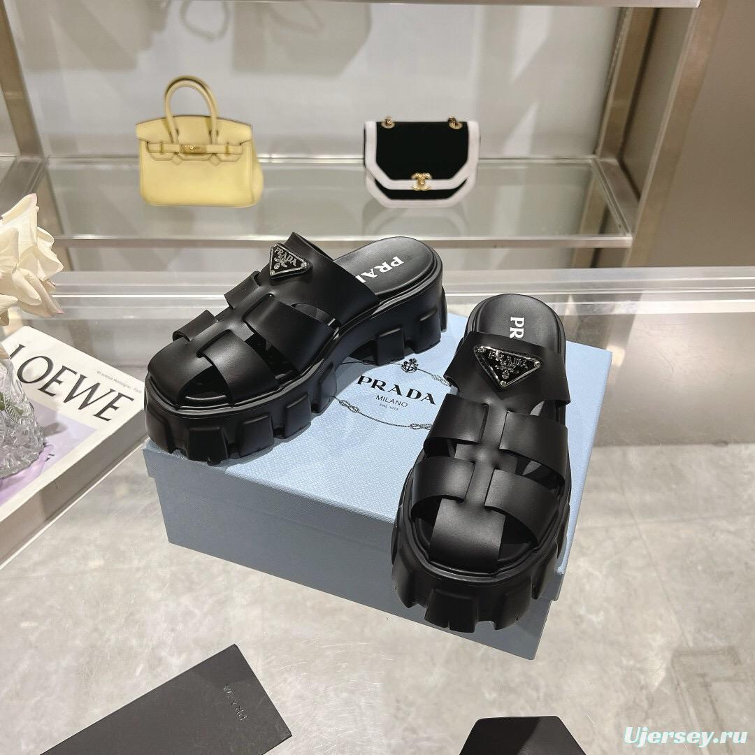 2025 Women Prada Black Leather Slingback Sandals LY00250