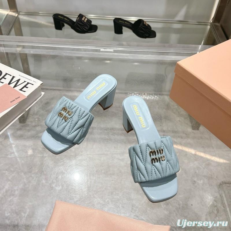 2025 Women Miumiu Light Blue Sheepskin Heeled Sandals