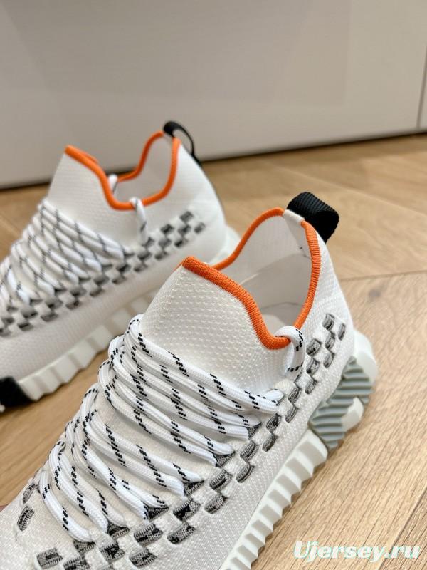 2024 Unisex Hermès White Grey Orange Calfskin Suede Knit Sneakers MJ00290(F/M)