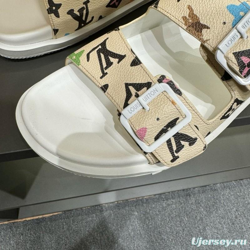 2024 Slippers Louis Vuitton Beige Multicolor Leather Slippers