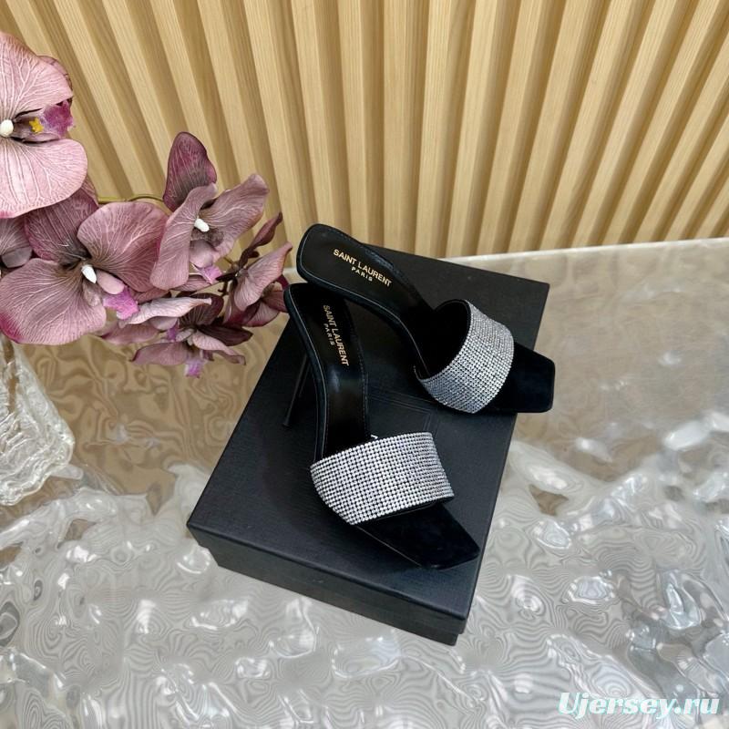 2025 Women Yves Saint Laurent Black Crystal Fabric High Heel Sandals MJ00300