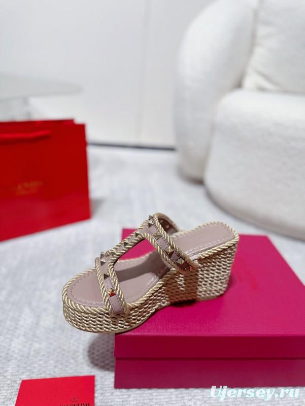 2025 Women Valentino Beige Rope Leather Wedge Sandals LY00290