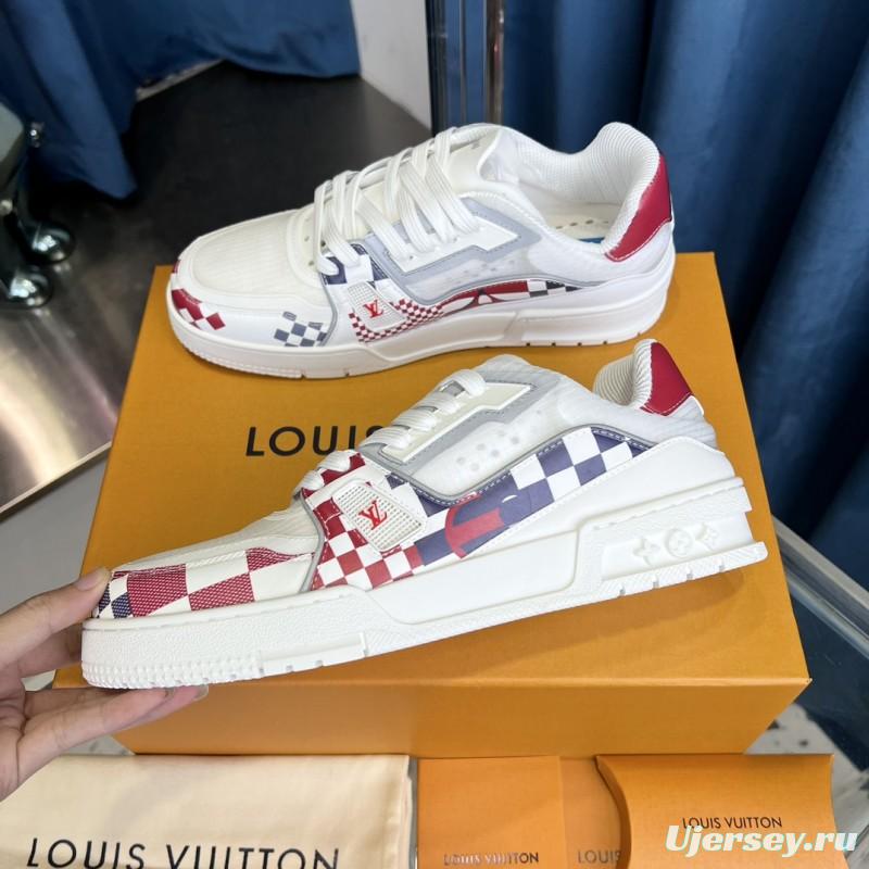 2025 Unisex Louis Vuitton White Red Blue Leather LV Trainer