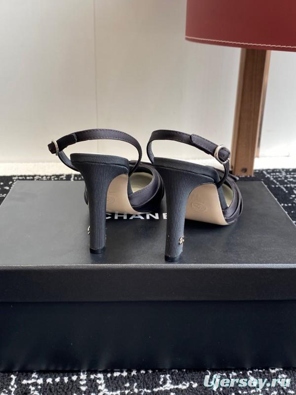 2025 Women Chanel Black Satin Leather High Heels Bow Slingback KFY00289