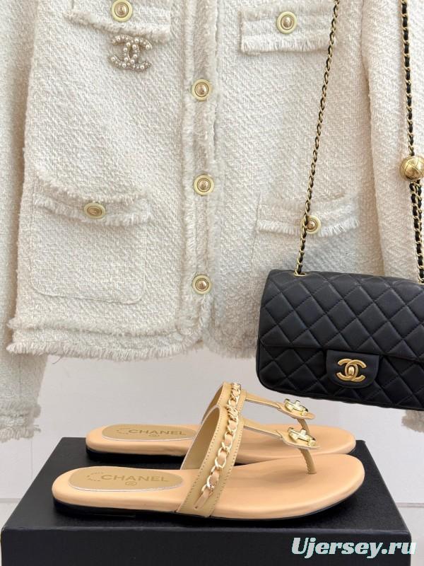 2025 Women Chanel Beige Lambskin Chain Toe Post Sandals KFY00250