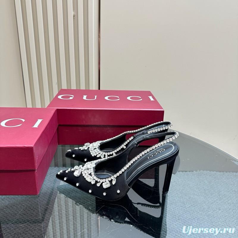 2025 Women Gucci Black Satin Slingback Heels Rhinestone MJ00340