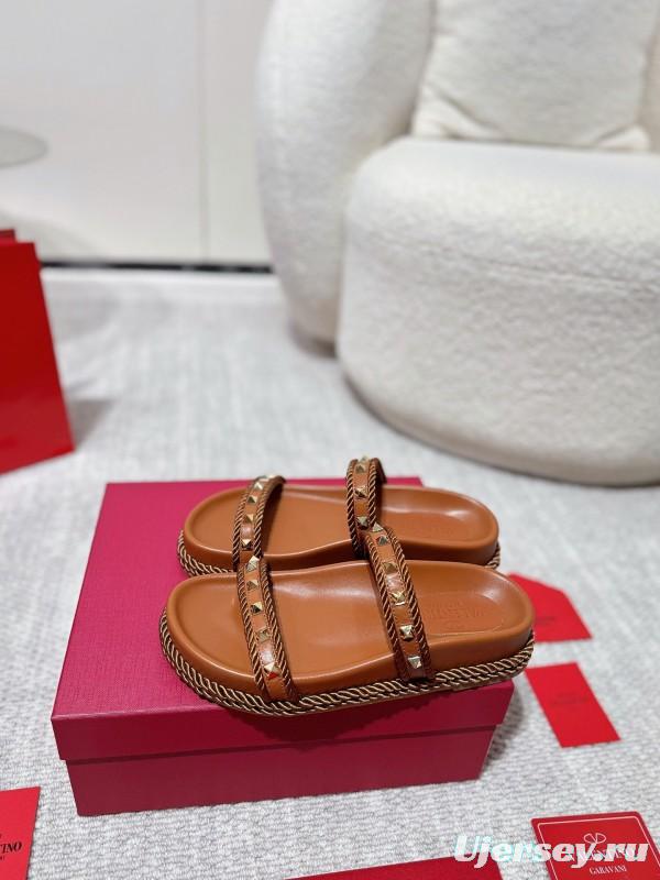 2025 Women Valentino Brown Leather Sandals Rope Braided LY00250