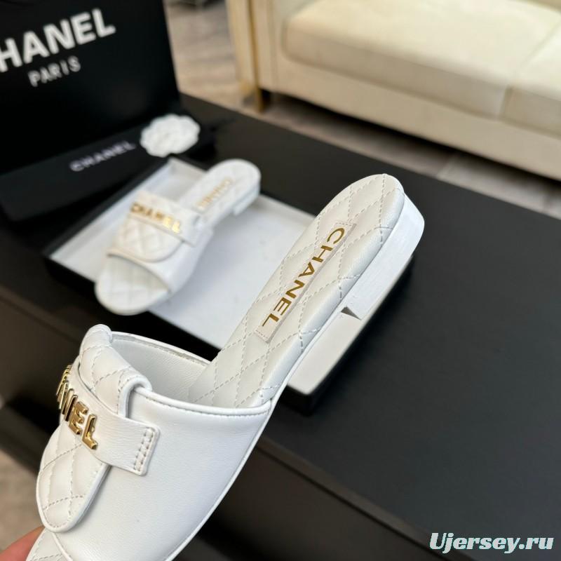 2025 Women Chanel White Leather Slippers