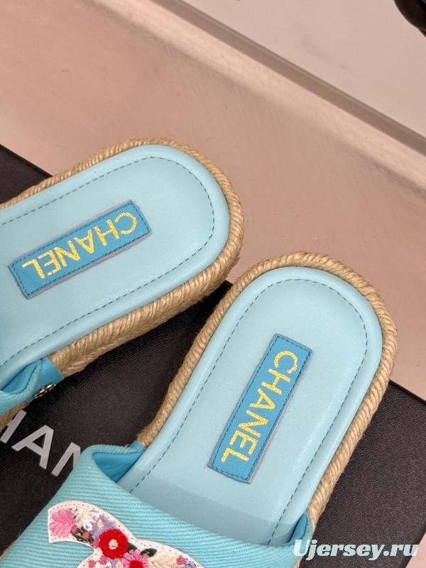 2025 Slippers Chanel Light Blue Fabric Women Embroidered Floral CC Logo KFY00230
