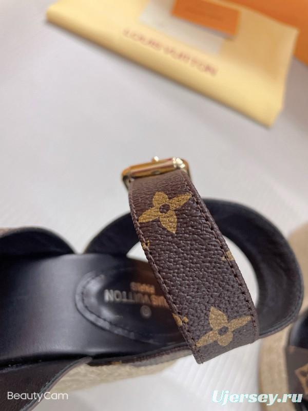 2025 Women Louis Vuitton Brown Leather Denim Espadrilles Wedge Sandals MJ00280
