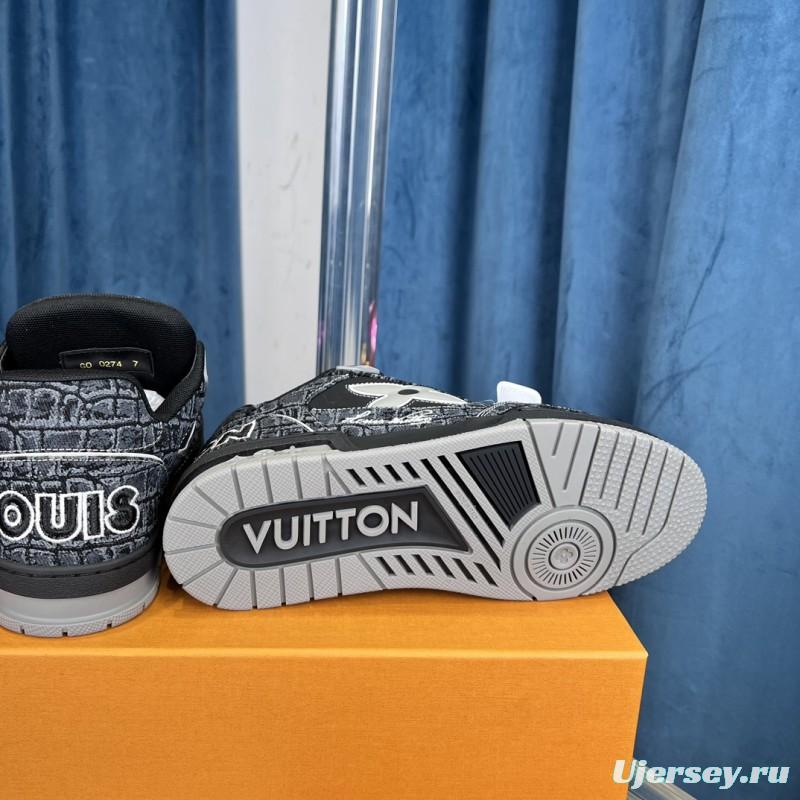 2025 Unisex Louis Vuitton Black Grey Leather Canvas Plimsolls Stitching LV0038