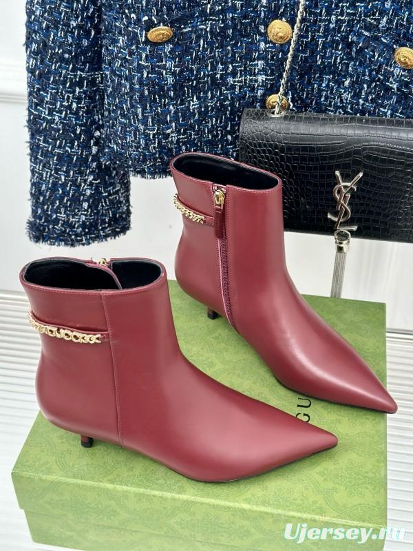 2024 Women Gucci Burgundy Leather Ankle Boots Chain MJ00410