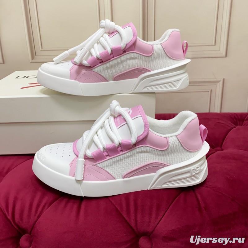2025 Women Dolce & Gabbana White Pink Leather Mesh Sneakers