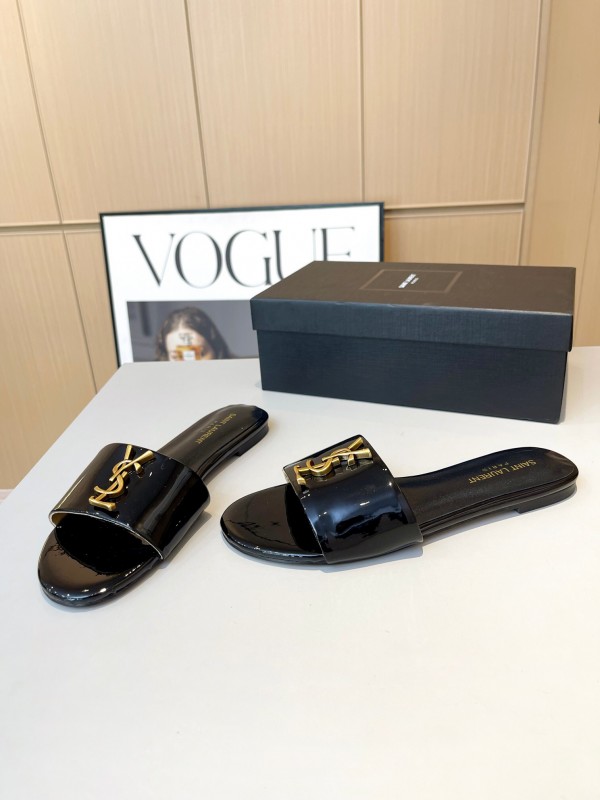 2025 Women Yves Saint Laurent Black Patent Leather Slide Sandals