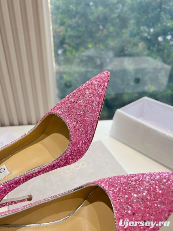 2025 Women Jimmy Choo Pink Glitter Leather High Heels KFY00280