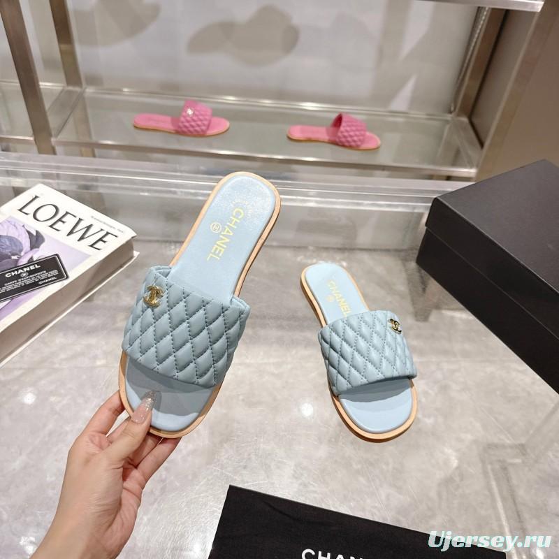 2025 Women Chanel Light Blue Lambskin Slippers