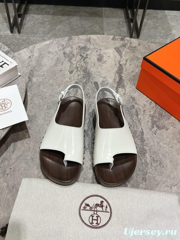 2025 Women Hermès White Leather Slippers