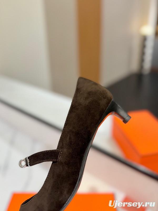 2025 Women Hermès Black Suede Mary Jane Shoes KFY00330