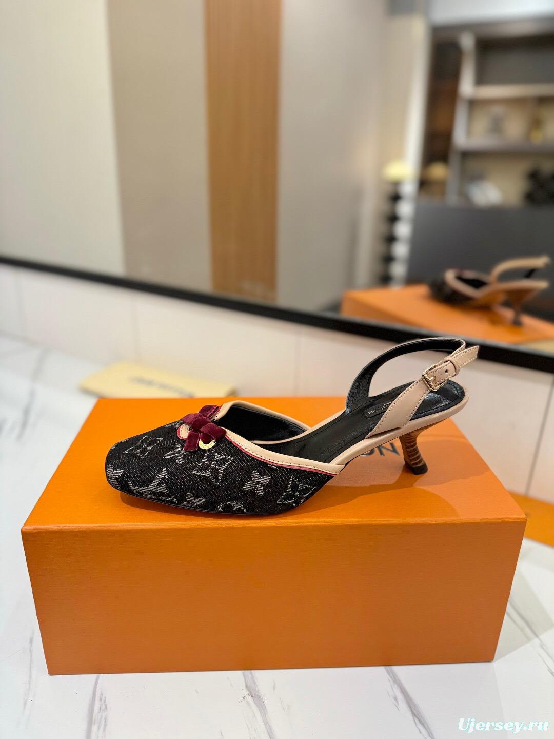 2025 Women LV Black Pink Denim Leather Slingback Heels KFY00310