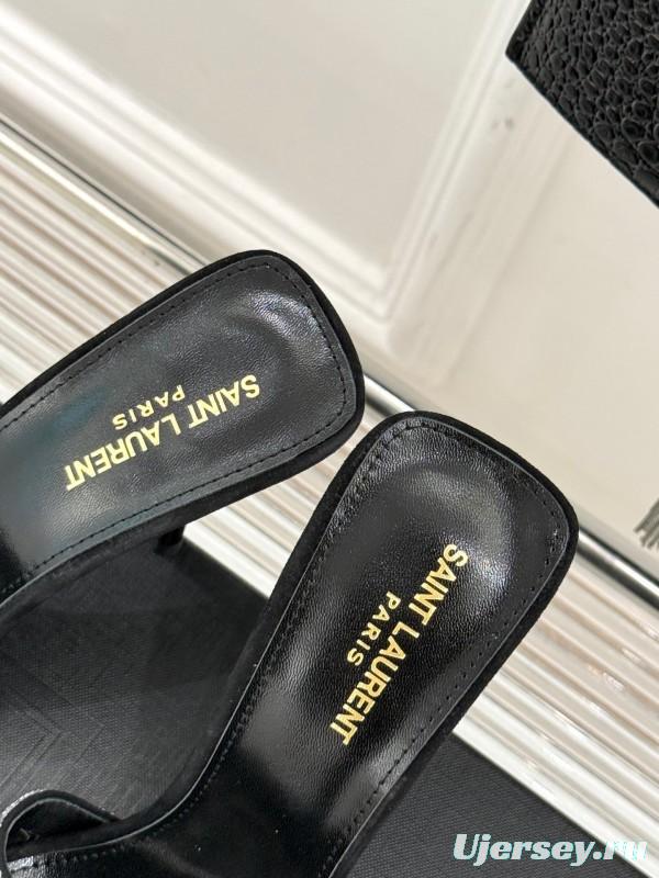 2025 Women Yves Saint Laurent Black Silver Crystal Leather Heeled Slippers LY00300