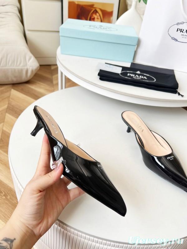 2025 Women Prada Black Patent Leather Heeled Slippers LY