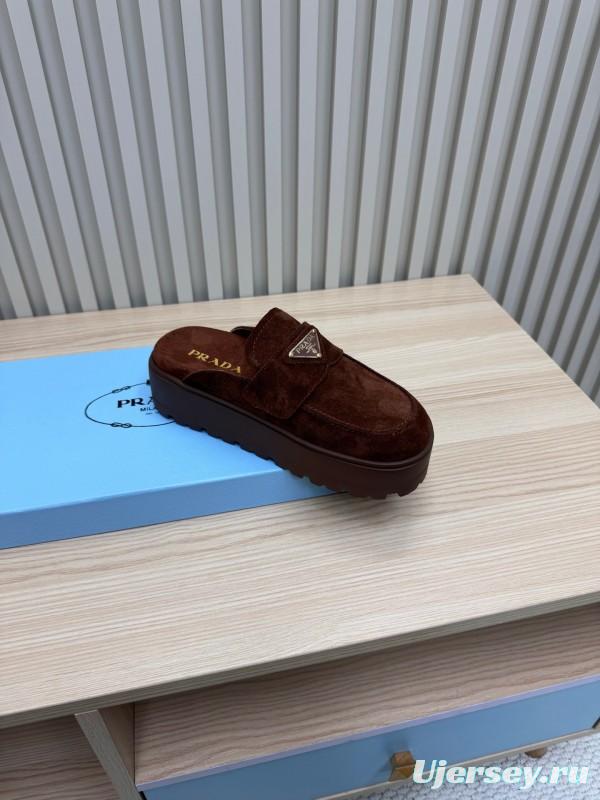 2025 Women Prada Brown Suede Platform Loafers