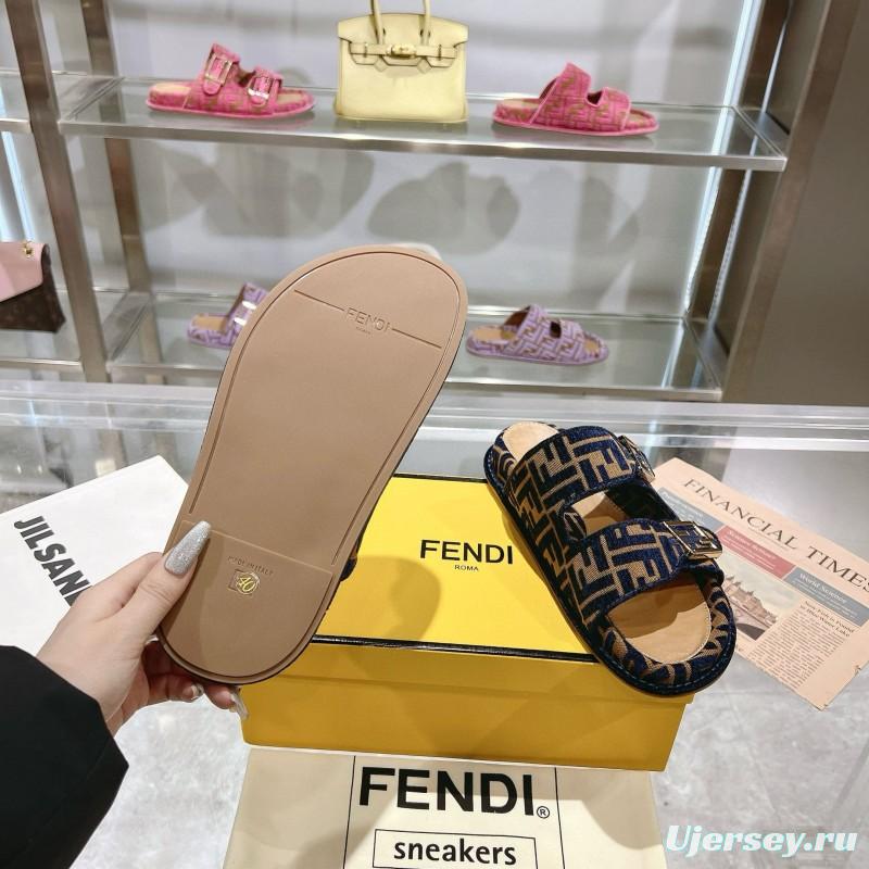 2025 Slippers Fendi Blue Brown Jacquard FF Pattern MJ00230