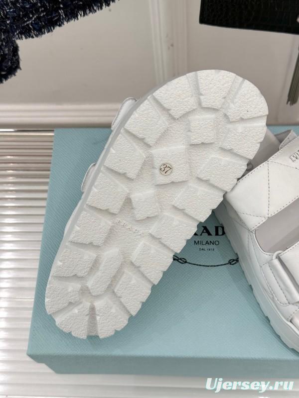 2025 Slippers Prada White Leather Quilted Velcro Strap KFY00250