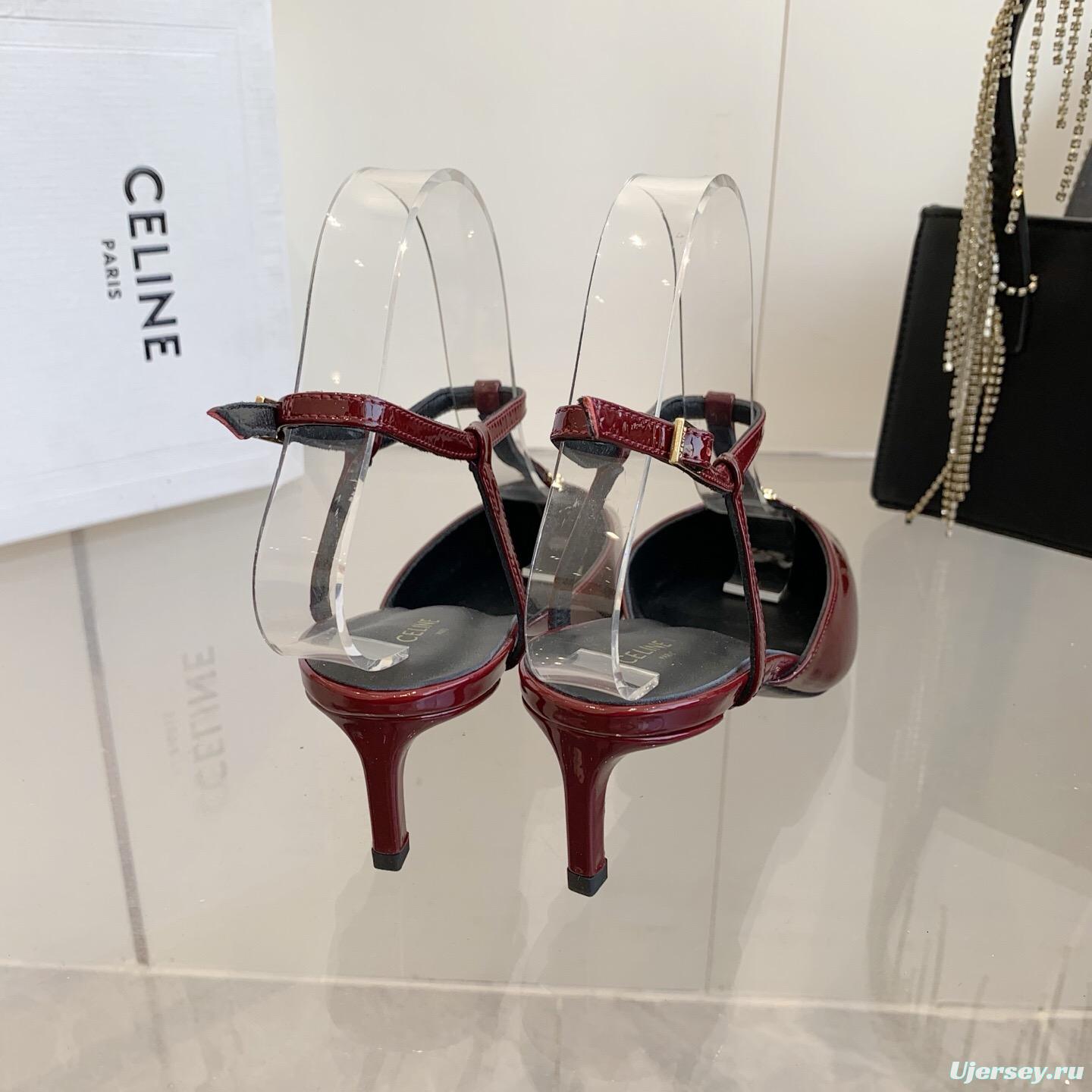 2025 Women Celine Red Patent Leather T-Strap Low Heel