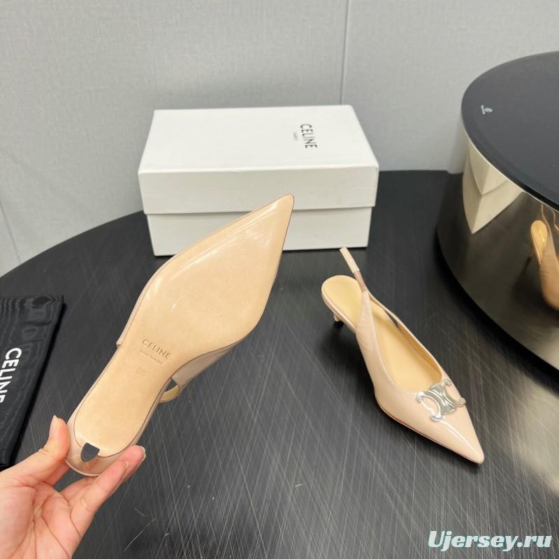 2025 Women Celine Beige Leather Slingback Shoes Metal Buckle