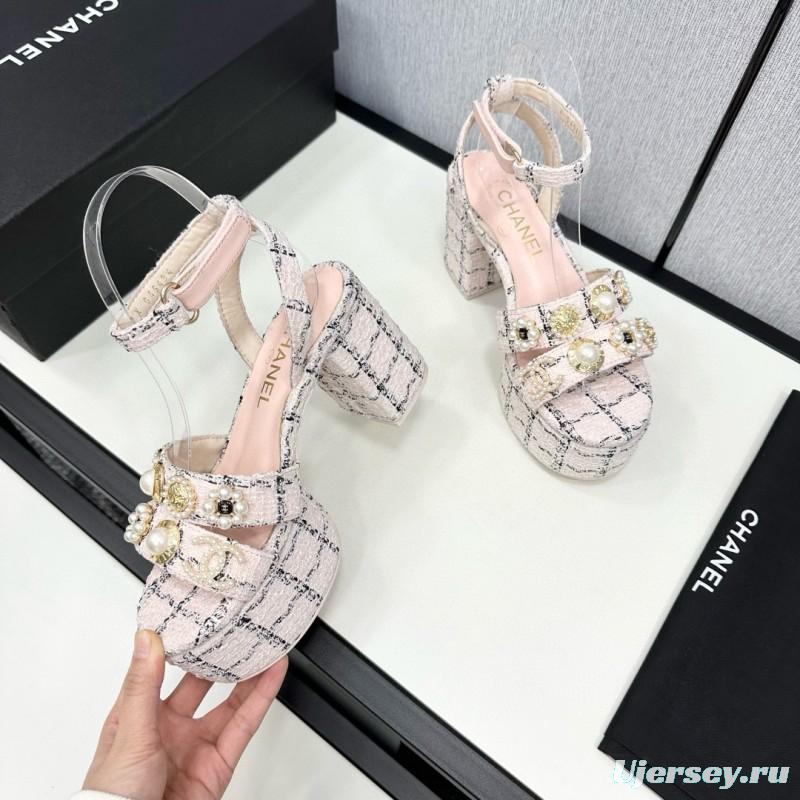 2025 Women Chanel Pink Black Wool Platform Sandals MJ00310