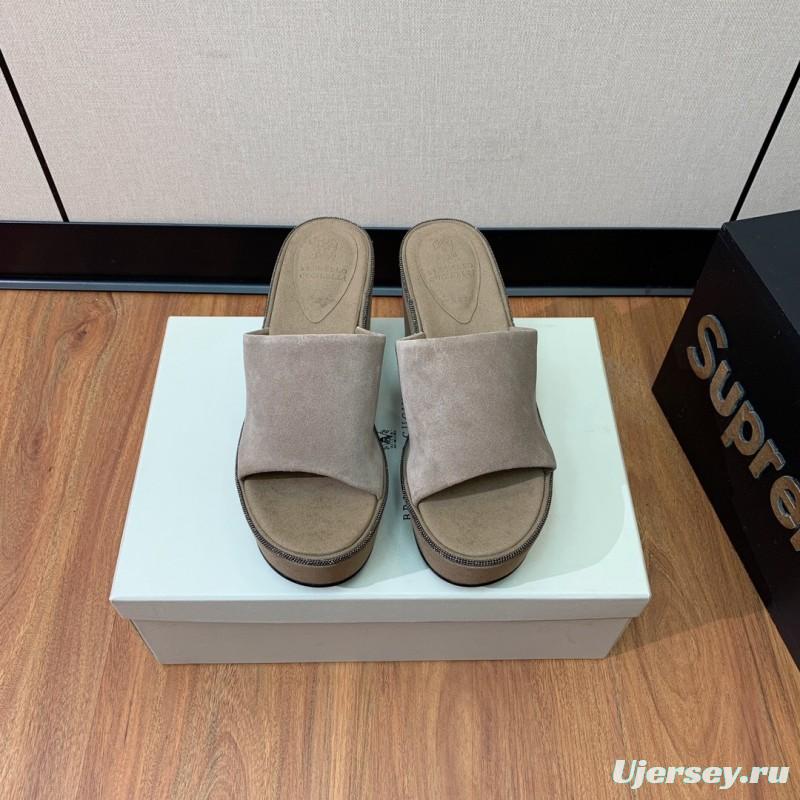 2025 Women BRUNELLO CUCINELLI Beige Suede Platform Slide Sandals Casual Handmade KFY00275 (F)